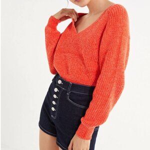 UO Cozy Chenille Orange V-Neck Sweater Beautiful 80s style off shoulder Neon